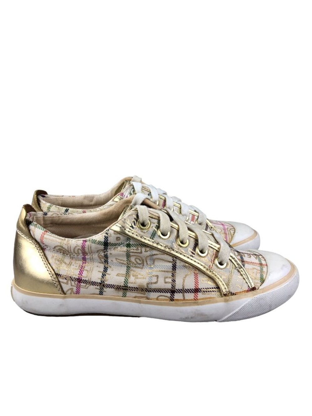Coach Women's Size 6.5B Barrett Cream Gold Plaid Lace-Up Low Top Sneakers Q322